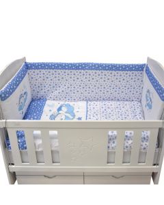 Veshje për krevat fëmijësh, me stampime, pambuk, 2x(120x46)+2x(60x46)+1x(130x80) cm, e bardhë dhe blu, 5 copë