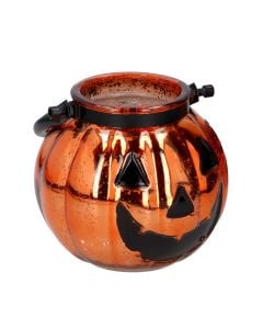 Ndriçues dekorativ në formë kungulli për Halloween, Arti Casa, qelq dhe metal, 15.5x13 cm, portokalli dhe e zezë, 1 copë