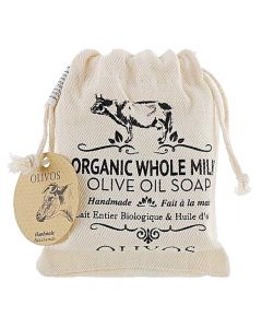 Sapun Organic Whole Milk, Olivos, me qumësht të papërpunuar, i cili zbardh lëkurën dhe i jep një shkëlqim natyral.