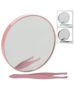 Set of round-shaped makeup mirror, with magnifying effect, and tweezers, Body Beauty, ABS plastic, glass and steel, 8x0.7 cm, miscellaneous, 2 pieces