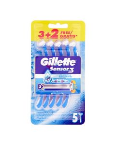 Brisk rroje njëpërdorimësh për meshkuj Sensor 3, Gillette, plastikë dhe inoks, 19.5x10.5x3.5 cm, blu, 5 copë