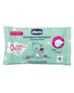 Baby wet wipes, Chicco, polyester, 23x12x4 cm, turquoise, 60 pieces