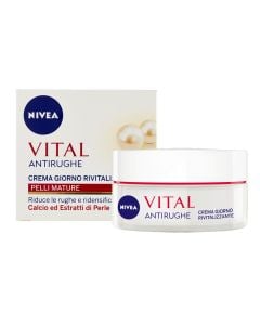 Regenerating anti-wrinkle cream for face treatment during the day, Vital, Nivea, plastic and glass, 50 ml, red and white, 1 piece