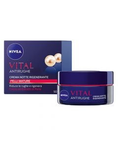 Regenerating anti-wrinkle cream for face treatment during the night, Vital, Nivea, plastic and glass, 50 ml, red and blue, 1 piece