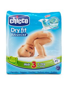 Panolina për bebe, Dry Fit, Chicco, pambuk, Midi, nr. 3, 4-9 kg, 21 copë, me ngjitëse