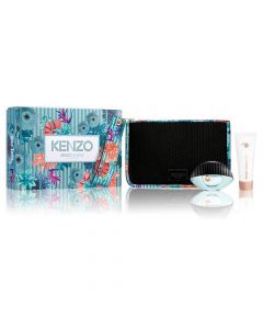 Eau de parfum (EDP), body lotion and pouch bag set for women, World, Kenzo, glass and rubber, 50+75 ml, blue and black, 3 pieces