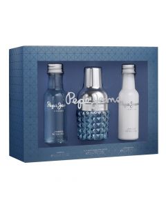 Eau de toilette (EDT), shower gel and after shave set for men, For Him, Pepe Jeans, glass and plastic, 30+50+50 ml, blue and silver, 3 pieces