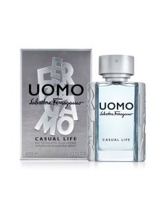 Eau de toilette (EDT) for men, Uomo Casual Life, Salvatore Ferragamo, glass, 50 ml, silver, light blue and transparent, 1 piece