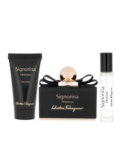 Eau de parfum (EDP) and body lotion set for women, Signorina Misteriosa, Salvatore Ferragamo, glass and plastic, 100+50+10 ml, black and gold, 3 pieces