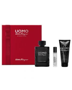 Set eau de parfum (EDP) dhe xhel trupi për meshkuj, Uomo Signature, Salvatore Ferragamo, qelq dhe plastikë, 100+100+10 ml, e zezë, e kuqe dhe argjend, 3 copë