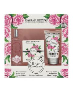 Set eau de parfum (EDP), sapun i parfumuar dhe krem duarsh për femra, Rose Envoutante, Jeanne en Provence, qelq dhe plastikë, 60+75 ml, rozë, e gjelbër dhe e bardhë, 3 copë