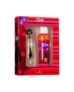 Eau de toilette (EDT) and deodorant set for women, She is Love, Hunca, glass, metal and plastic, 200 ml, red and orange, 2 pieces