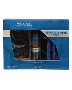 Set dhuratë për meshkuj eau de toilette, sprai trupi dhe brisqe rroje, Sapphire Man, Shirley May, plastikë dhe metal, 100+75 ml, blu, 5 copë