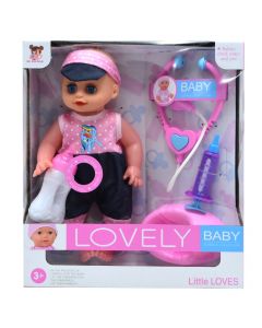 Set lodër për vajza, kukull me aksesorë, Lovely Baby, plastikë dhe poliestër sintetike, 33x29x11 cm, rozë, 5 copë