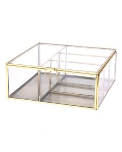 Kuti xhami për bizhuteri, Excellent Houseware, metal dhe qelq, 21x21x9 cm, transparente dhe gold, 1 copë