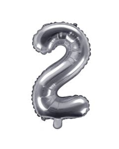 Foil balloon in the shape of number "2", nylon and refined aluminum, 35 cm, silver, 1 piece