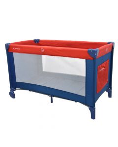 Krevat portativ me një nivel për fëmijë, metal, plastikë dhe poliestër, 125x65x74 cm, blu dhe e kuqe, 1 copë