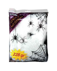 Decorative spider web with black spiders, PVC, 228 g, black and white, 1 piece