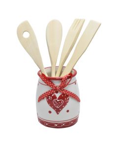 Set mbajtëse lugë dhe spatula gatimi dekoruese me fjongo, qeramikë / druri, bezhë / e kuqe, 10x23 cm