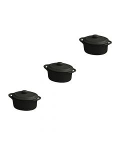 Oval frying pan set with lid Mignion (PK 3), porcelain, black, Dia.7 cm