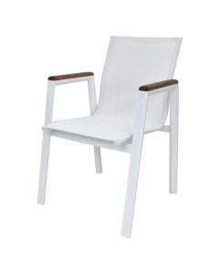 Karrige me krahë Poseidon, alumin, dru iroko + tekstilen, e bardhë, 46x56xH86 cm