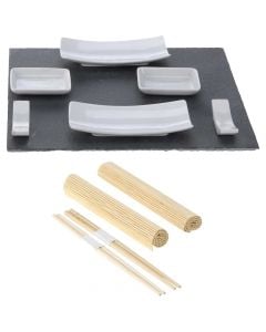 Sushi Set with Slate Tray Atopoir Noir (11 pieces), stone/porcelain, white, 30x24 cm