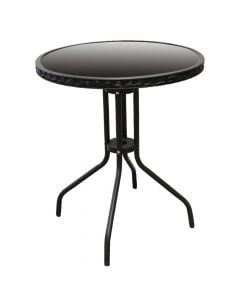 Tavolinë e rrumbullakët Bistro, strukturë metalike/ratan/qelq, e zezë, Dia.60xH70 cm