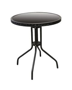 Bistro round table, metalic structure/rattan/glass, black, Dia.60xH70 cm