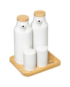 Oil and vinegar holder set (PC 5), porcelain/bamboo, white, 13.3x15.3xH18.5 cm