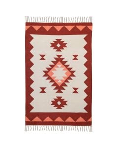 Fringed rug, 100% cotton, beige with motifs, 120x170 cm