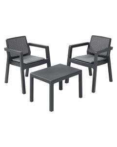 Set Emily me 2 karrige teke + 1 tavolinë, plastike, gri, 68x64xH75 / 747x65xH42 cm