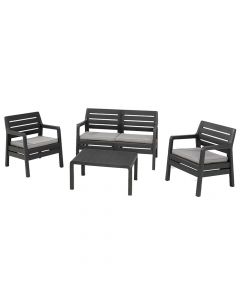 Set Delano 2 karrige teke + 1 kolltuk dysh + 1 tavolinë + shilte ulëse, plastike, gri, 124x65xH77 cm