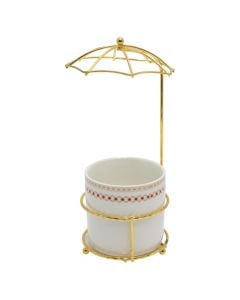 Cup with umbrella-shaped holder, glass/metal, white/gold, 8x20 cm