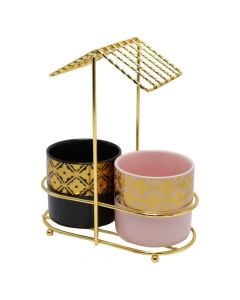 Set of cups with tent-shaped holders (PK 2), glass/metal, black/pink/gold, 17x21 cm