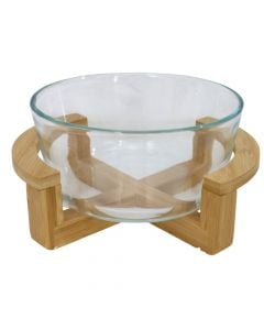 Bowl with stand, glass/bamboo, transparent/brown, Dia18xH11 cm