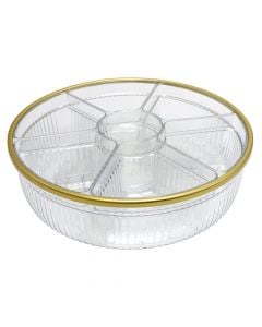 Cocktail bowl with 7 compartments and swivel, plastic, transparent/gold outline, Dia.30xH9 cm
