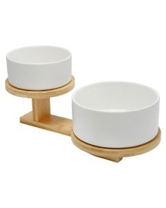 Bowl with lid (PK 2), ceramic/bamboo, white/brown, 15x30 cm