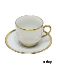 Set cup of coffee with plate (PK 6), ceramic, white/gold, Dia.11x5cm / 90cc