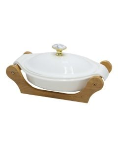 Tavë me stendë mbajtëse, qeramikë/dru, e bardhë, 8x26xH16 cm