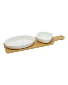 Antipasti bowls with stand, ceramic/bamboo, white/brown, 12x38x4 cm
