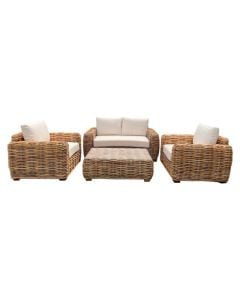 Set Alba Living 2 kolltuk+1sofa+1tavolinë me xham, ratan, kafe natyrale, 104x90xH70 / 224x90xH70 / Dia.80xH35 cm