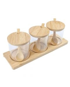 Set of preservation jars with spoon (PK 3), glass/bamboo, transparent, H8.5 cm / 320 ml