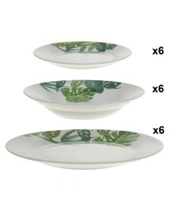 Plate set Tropica (Pk 18), porcelain, white leaf design, Dia.19/Dia.20/Dia.27 cm