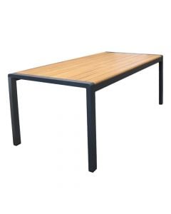 Tavolinë ngrënje, alumin + dru iroko, gri dhe kafe, 90x180xH75 cm