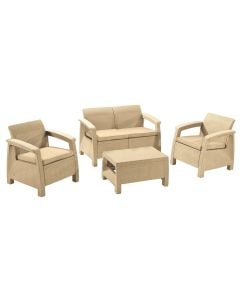 Novara set of 2 single armchairs + 1 double armchair + 1 middle table, plastic rattan, cappuccino, single 75x70xH79cm, double 128x70xH79cm, table 77x57xH42cm