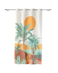 Perde e plotë me unaza, 100% pambuk, e bardhë me dizenjo palma, 140x260 cm