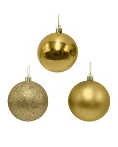 Christmas baubless (pk 3), plastic, gold, 3 models, 6 cm
