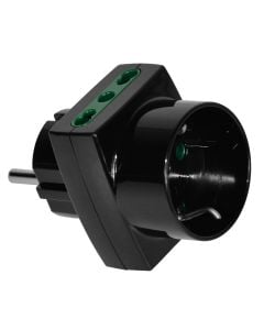 Adaptor shuko në 2 bivalente +1 shuko, bakër, veshje plastike