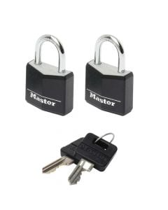 Masterlock padlock, Security level 3, 2 x 20mm aluminium padlocks - 11mm steel shackle, 3mm diameter - 3 pins - keyed alike- black finish, Luggage