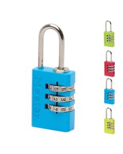 Masterlock padlock, Security level 3, 20mm aluminium padlock - steel shackle, diam. 3mm - 3 dials - 4 assorted colours - 6 pcs cut case, Luggage